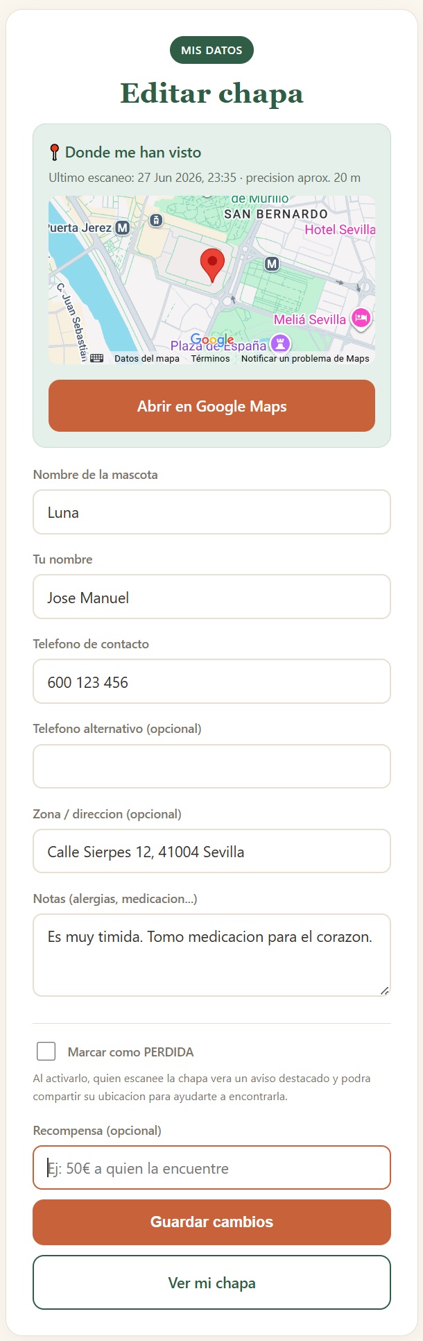 Editar chapa con pin de seguridad
