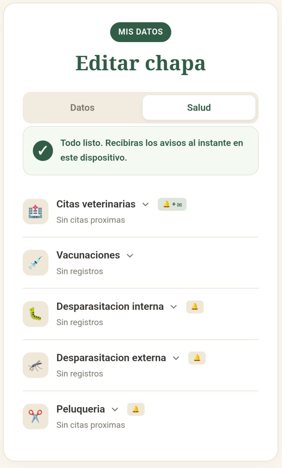 Panel de salud de la mascota en Tilali
