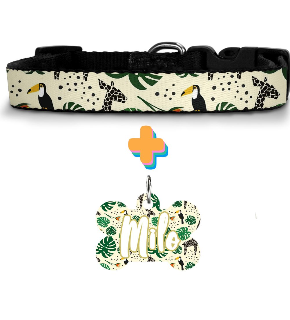 chapa perro + collar mokups wild tropical